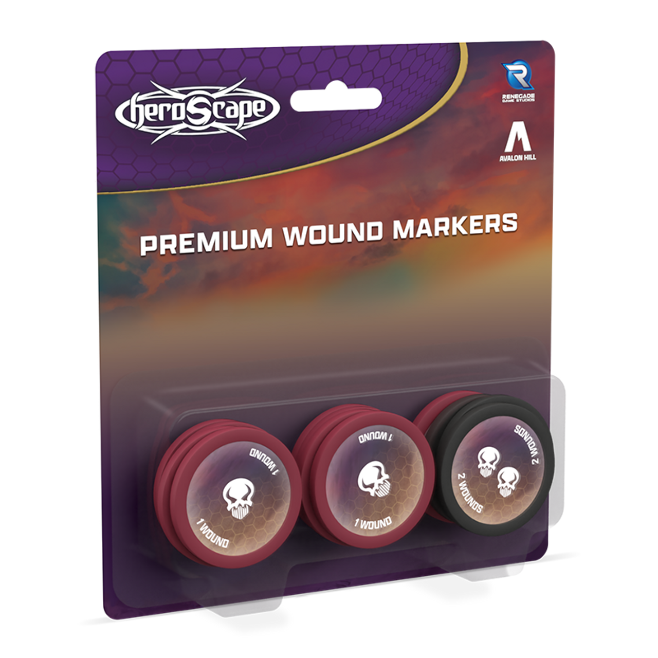 Heroscape: Premium Wound Markers (PREORDER) - Set of three round, dark red plastic wound markers with white skull icons and varying damage numbers.