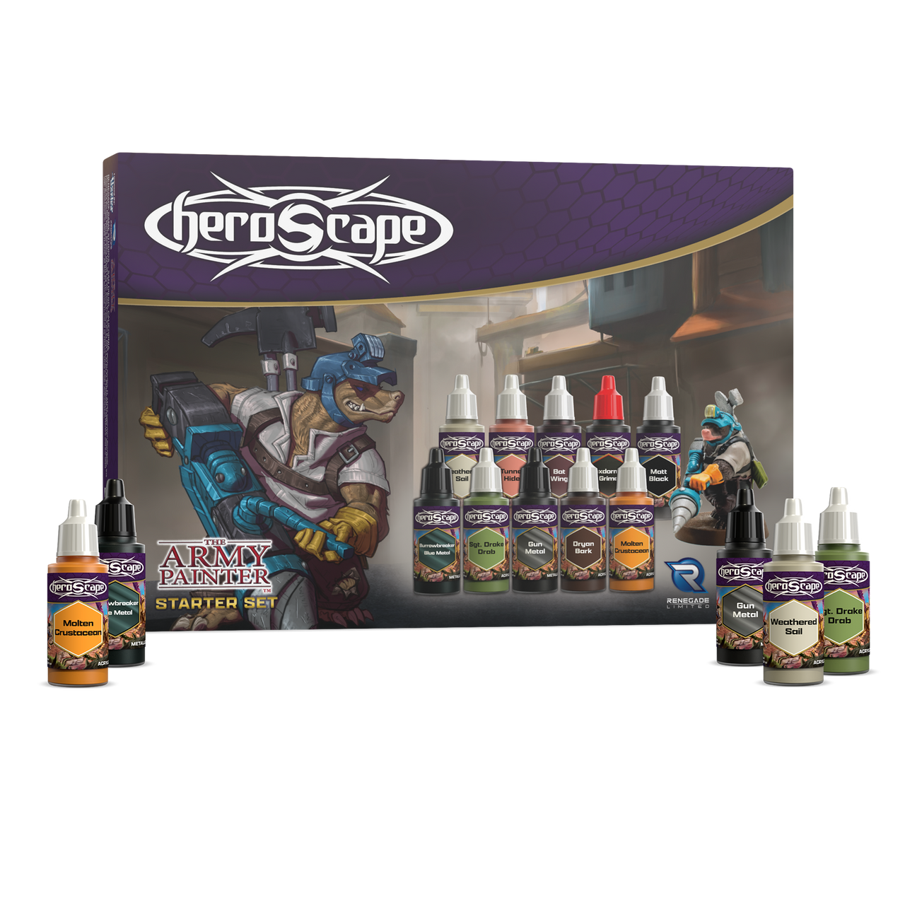 Heroscape: Army Painter Starter Set (PREORDER) - Heroscape Army Painter Starter Set box with fantasy warrior art, eight paint bottles in varied colors, and miniature figure.