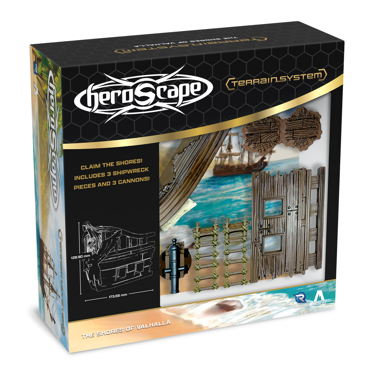 Heroscape: Shores of Valhalla Terrain Expansion (PREORDER) - Heroscape Shores of Valhalla terrain expansion box showing wooden ship elements and blue ocean base pieces.