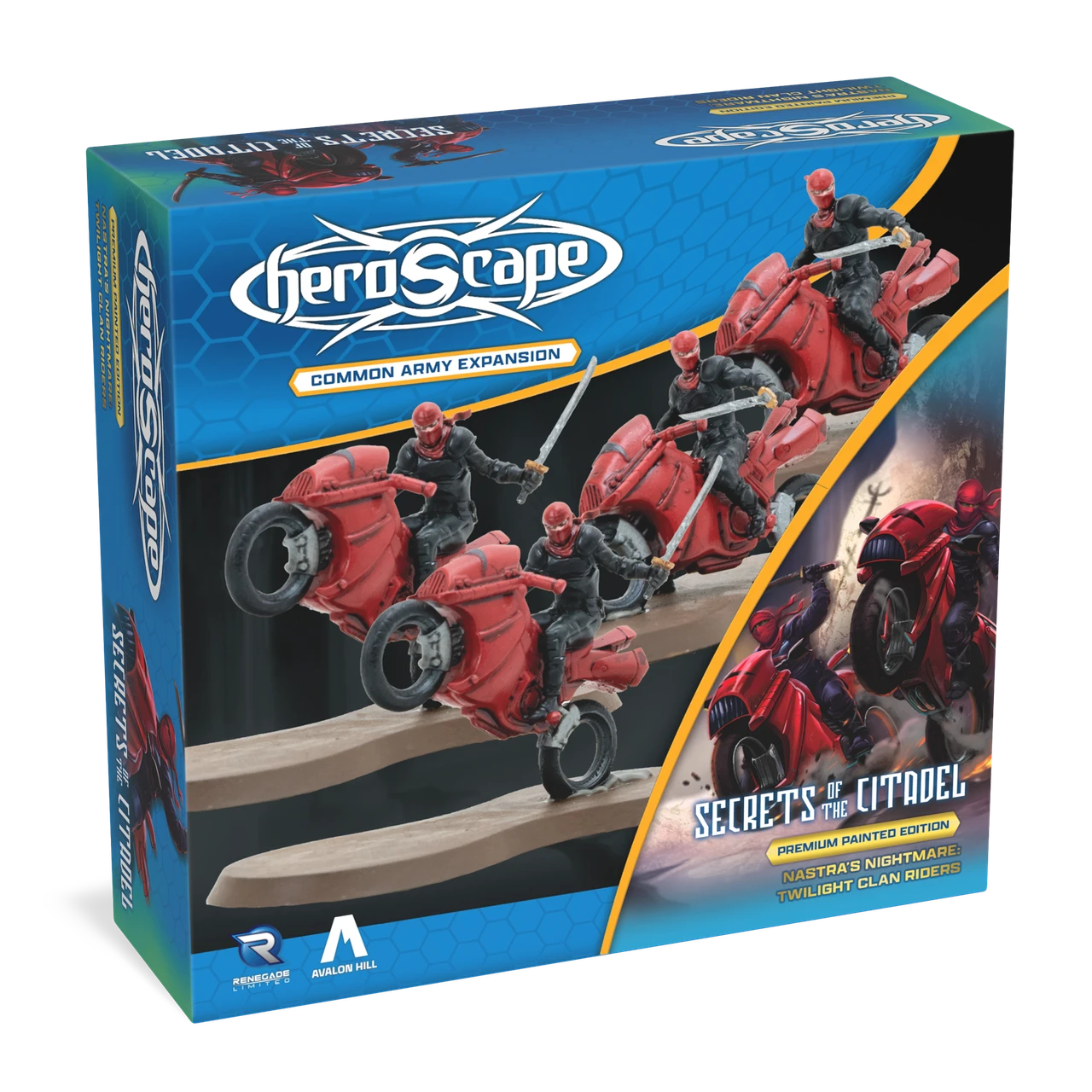 Heroscape: Army Expansion - Twilight Ninja Clan Riders (PREORDER) - Heroscape Twilight Ninja Clan Riders expansion box featuring red-armored ninja figures riding red motorcycles against a blue