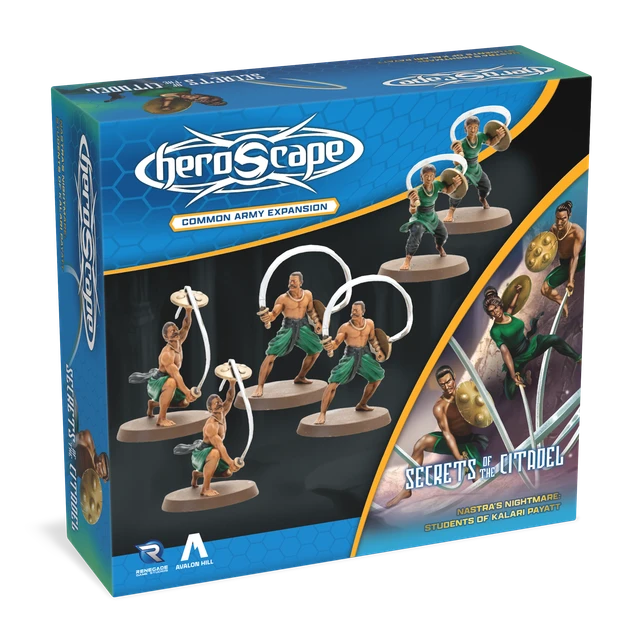 Heroscape: Army Expansion - Students of Kalari Pyatt (PREORDER) - Heroscape Army Expansion box featuring painted miniatures of six muscular warriors in green pants with weapons on round.