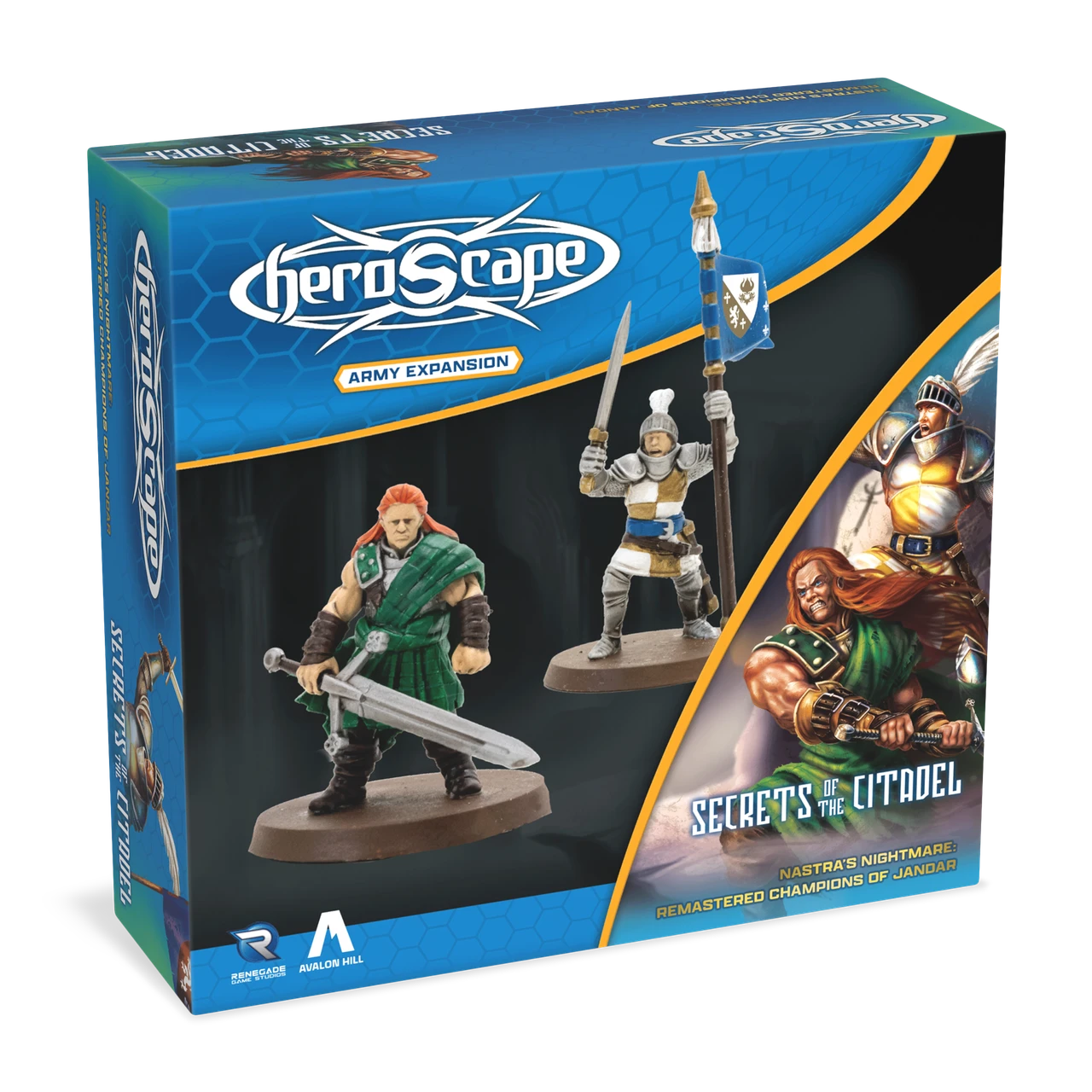 Heroscape: Army Expansion - Champions of Jandar, Remastered (PREORDER) - Heroscape Army Expansion box featuring painted fantasy warrior miniatures with swords and shields on black background.