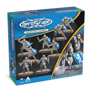 Heroscape: Army Expansion - Knights of Weston, Remastered (PREORDER) - Heroscape Knights of Weston miniatures set with seven detailed silver armored knights on bases, blue shield accents on box.
