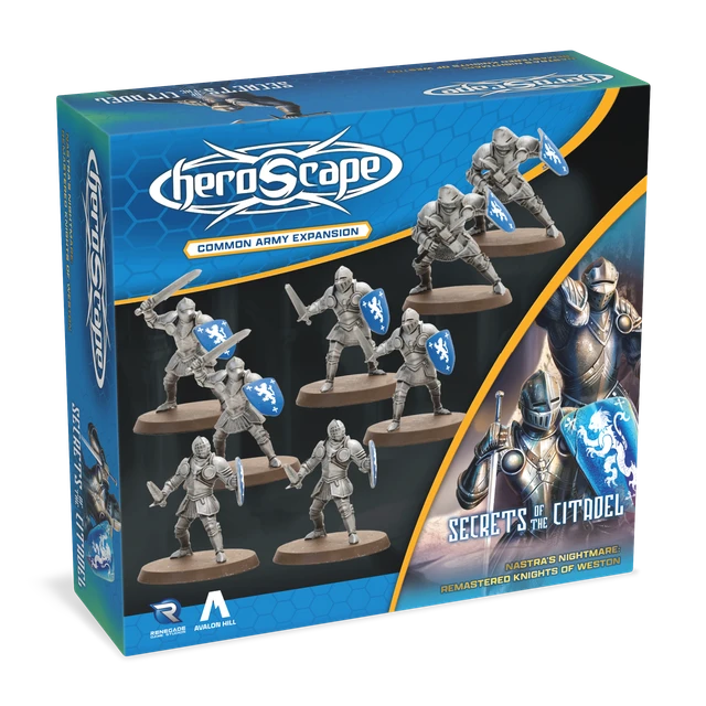 Heroscape: Army Expansion - Knights of Weston, Remastered (PREORDER) - Heroscape Knights of Weston miniatures set with seven detailed silver armored knights on bases, blue shield accents on box.