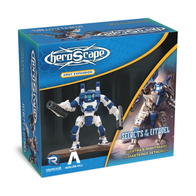Heroscape: Army Expansion - Zetacron, Remastered (PREORDER) - Heroscape Army Expansion box featuring blue and white armored robot figure with large gun and mechanical design.