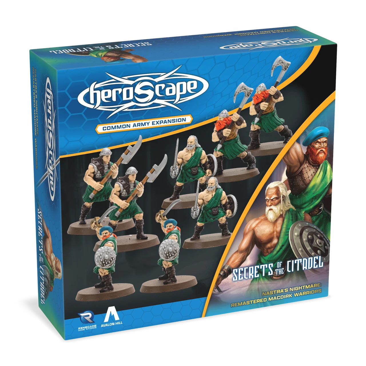Heroscape: Army Expansion - MacDirk Warriors, Remastered (PREORDER) - Heroscape MacDirk Warriors Army Expansion box with eight detailed warrior miniatures wielding swords and shields on round.