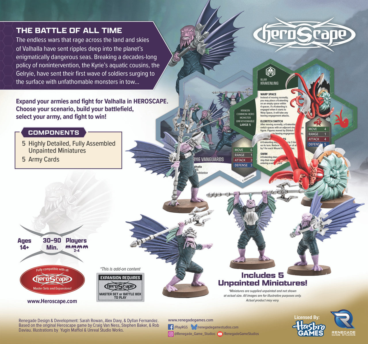 Heroscape: Army Expansion - Krakenling and Gelryie Vanguards - Five detailed plastic miniatures including winged humanoid and armored warriors with aquatic and dragon-like features in.