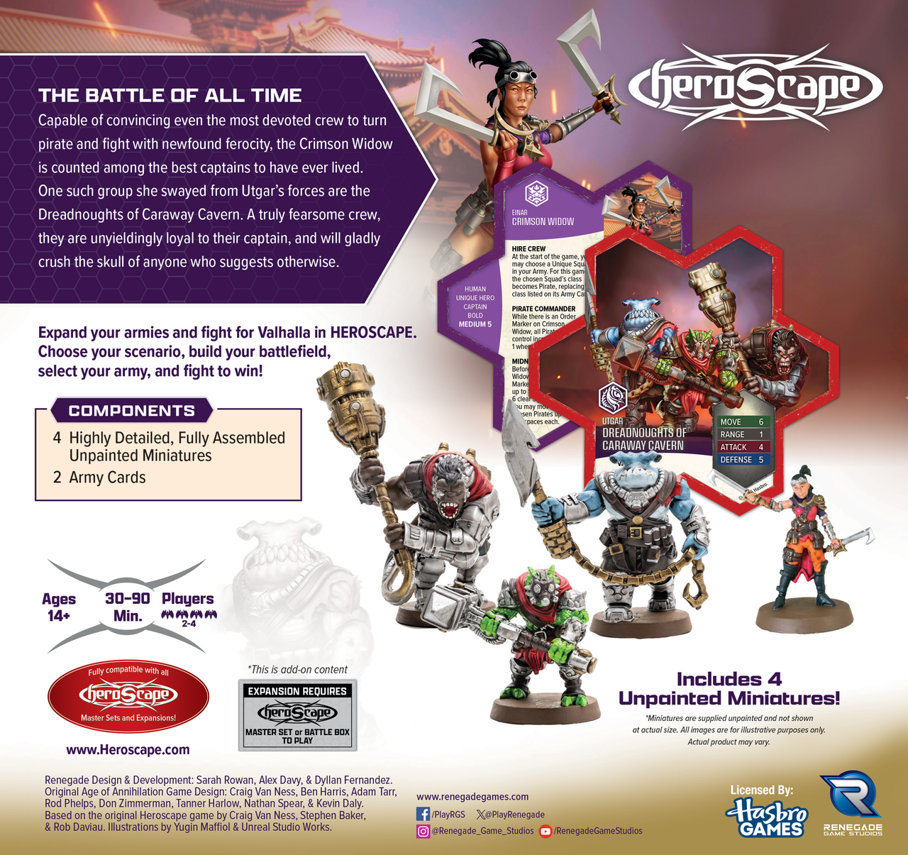 Heroscape: Army Expansion - Crimson Widow and Dreadnoughts of Caraway Cavern - Heroscape Army Expansion box art featuring four unpainted fantasy miniatures including Crimson Widow with purple cloak and.