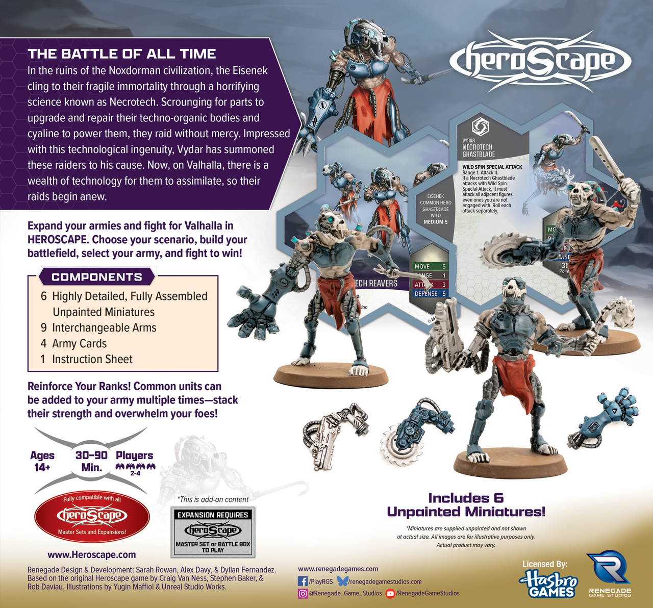 Heroscape: Army Expansion - Upgraded Necrotech Reavers (PREORDER) - Set of six unpainted gray plastic miniatures depicting futuristic armored warriors with weapons and mechanical limbs on.