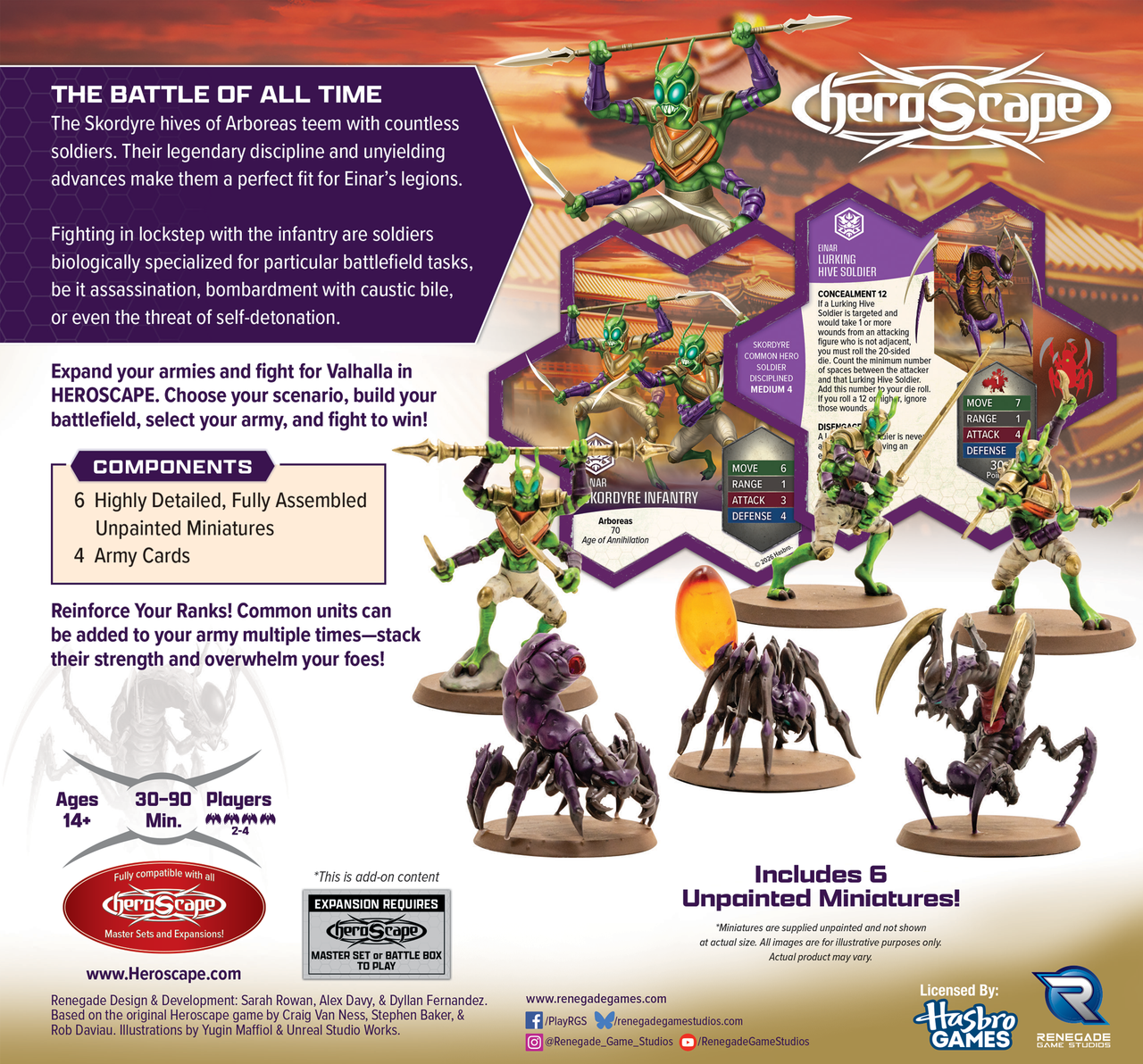 Heroscape: Army Expansion - Skordyre Soldiers (PREORDER) - Six Skordyre Soldier miniatures in dynamic battle poses with weapons, displayed on hexagonal game bases with green.