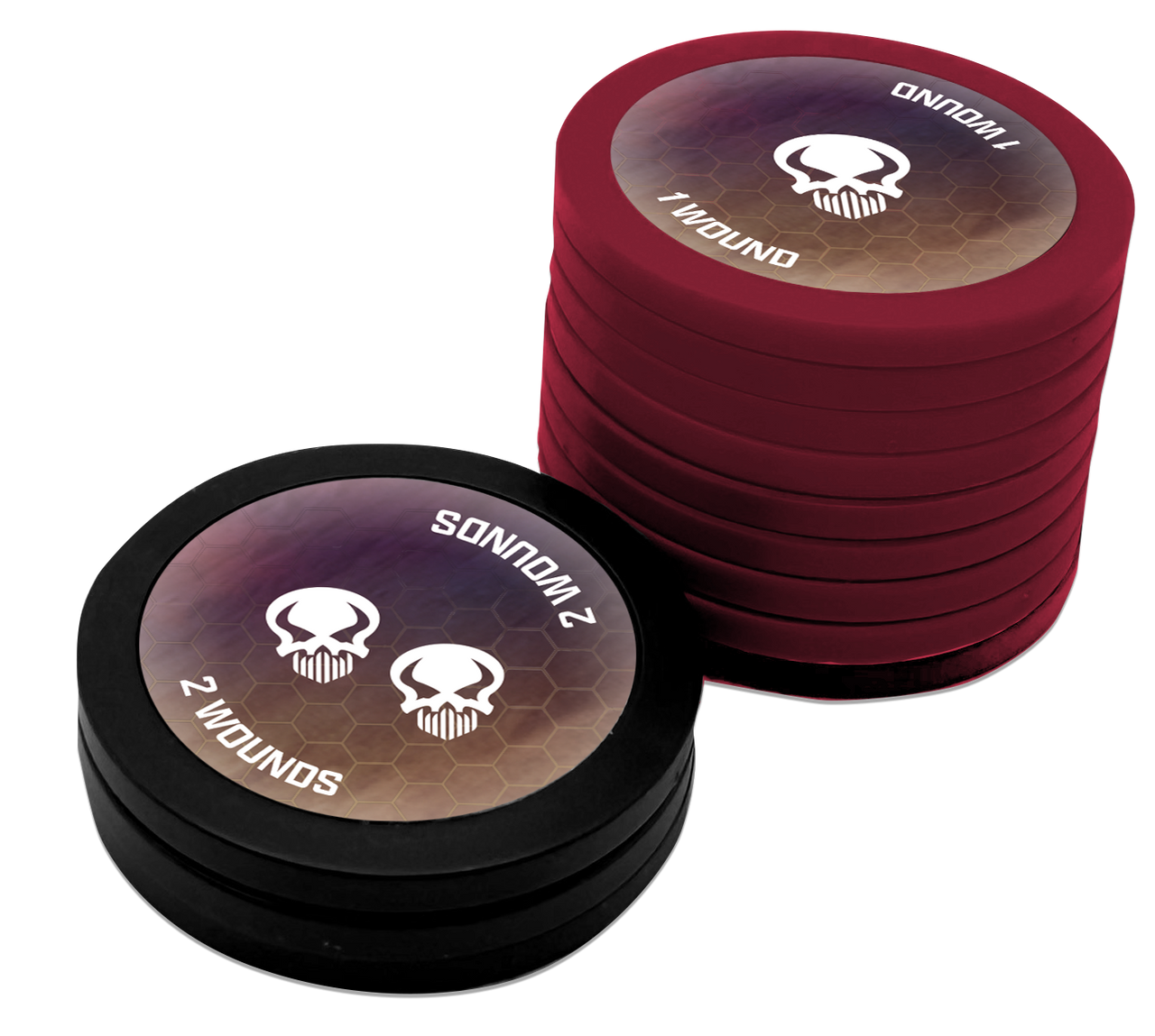 Heroscape: Premium Wound Markers (PREORDER) - Stack of round red and black plastic wound markers with skull icons and text indicating wound counts for tabletop gaming.