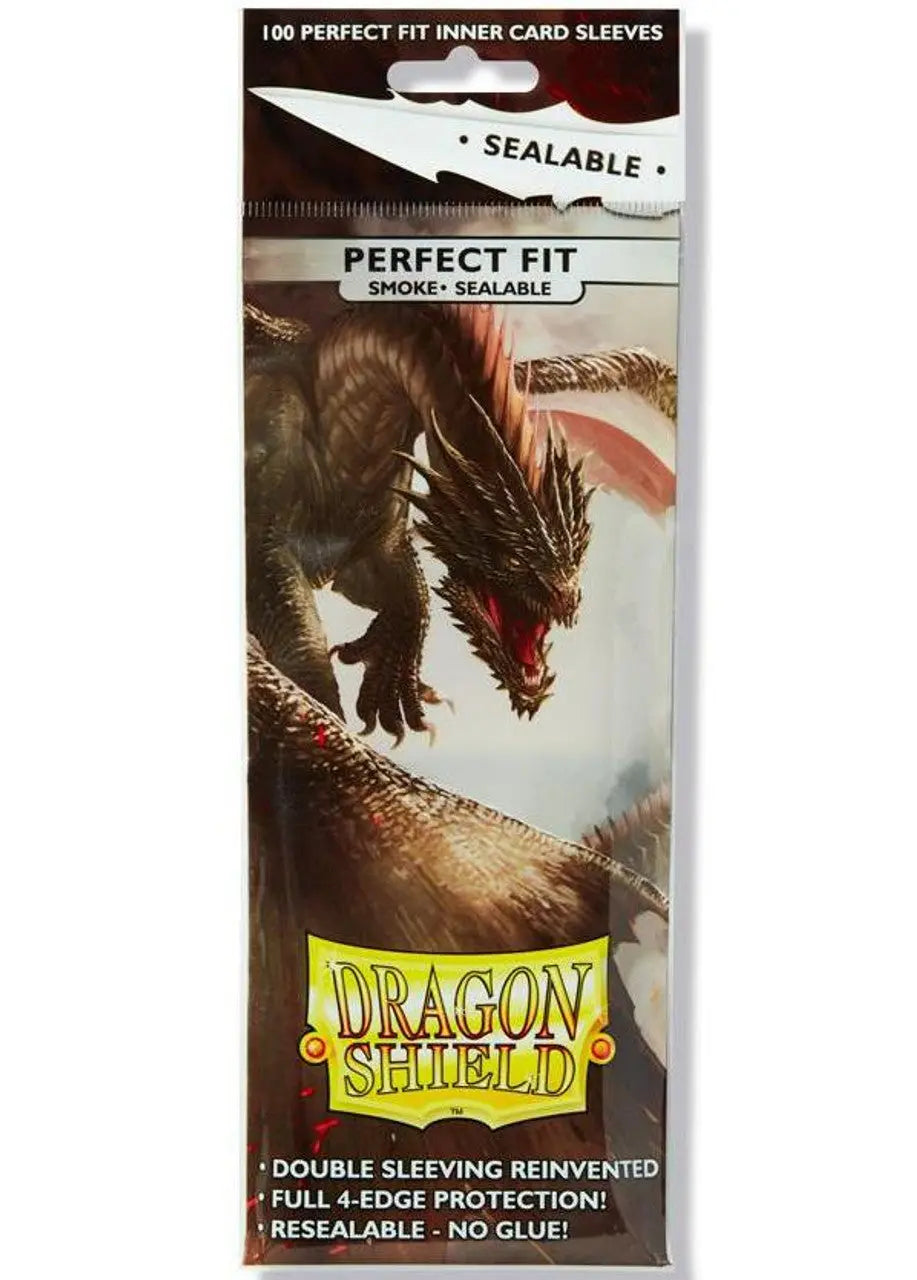 Dragon Shield : Perfect Fit Sealable: Smoke 100 Count - Rectangular pack of Dragon Shield card sleeves featuring a dark red dragon illustration on the front, labeled "Perfect Fit.