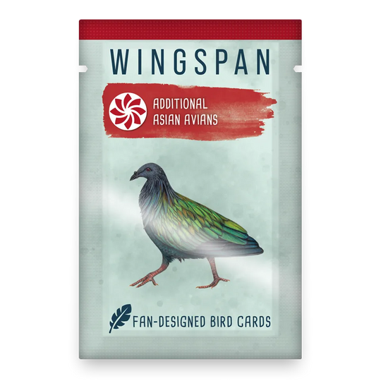 Wingspan: Additional Asian Avians - Wingspan expansion pack box with a colorful pigeon illustration on a pale blue background and red banner showing "Additional