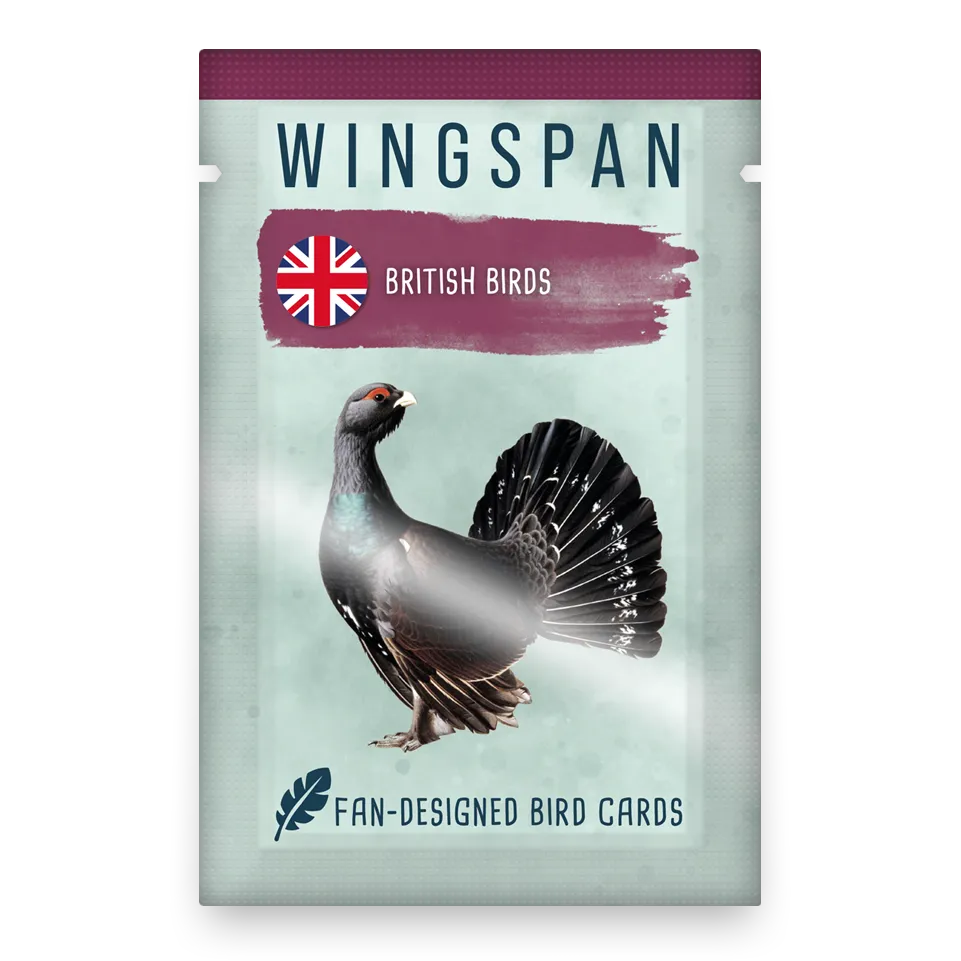 Wingspan: British Birds - Wingspan British Birds expansion pack with illustrated black and white bird, teal background, and British flag emblem.