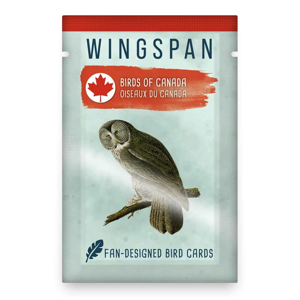 Wingspan: Birds of Canada - Wingspan Birds of Canada expansion card pack with red maple leaf logo and illustrated owl on pale blue background.
