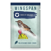 Wingspan: Birds of The U.S.A - Wingspan expansion pack with a brown and white bird on yellow flowers, blue and white title banner, card game packaging.