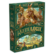 Kronologic: Cuzco 1450 - Tall rectangular board game box with elaborate green and gold designs featuring an Inca ruler in ceremonial attire and a.