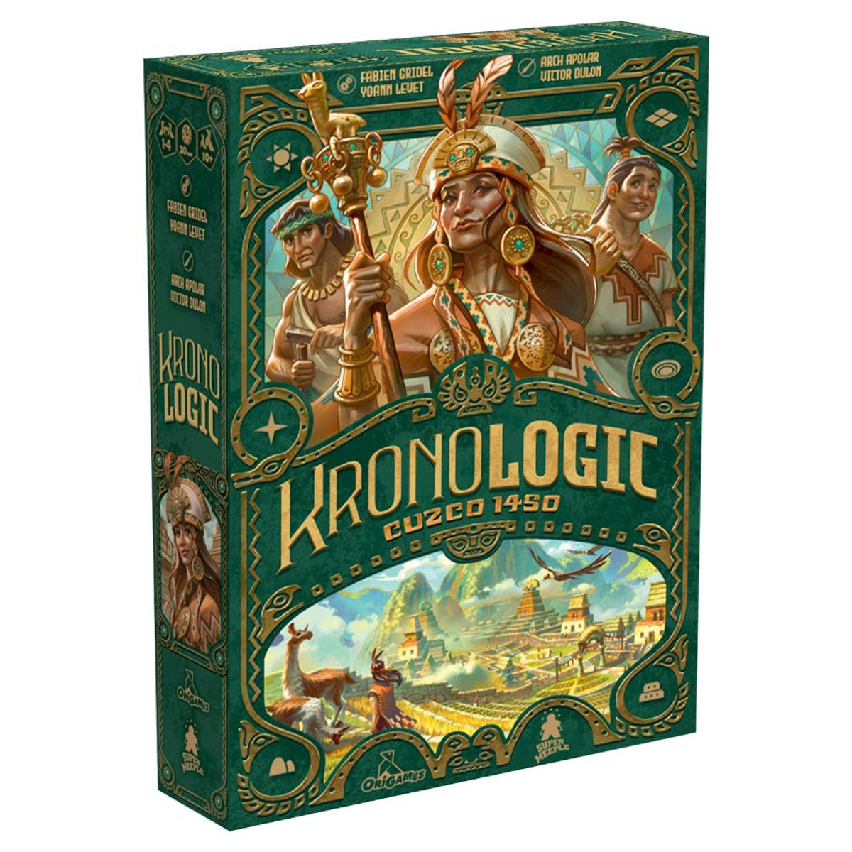 Kronologic: Cuzco 1450 - Tall rectangular board game box with elaborate green and gold designs featuring an Inca ruler in ceremonial attire and a.