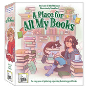 A Place for All My Books - Board game box with colorful illustration of a cozy reading nook, stacks of books, a black cat lounging, and a person.