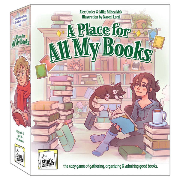 A Place for All My Books - Board game box with colorful illustration of a cozy reading nook, stacks of books, a black cat lounging, and a person.