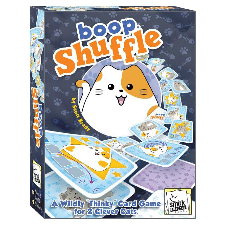 Boop Shuffle (PREORDER) - Colorful card game box featuring a cartoon calico cat and illustrated cards swirling around on a dark blue background.
