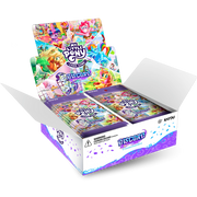 My Little Pony TCG: Discord!!! Booster Display - Open white and purple My Little Pony TCG Discord booster display box with colorful illustrated booster packs inside.