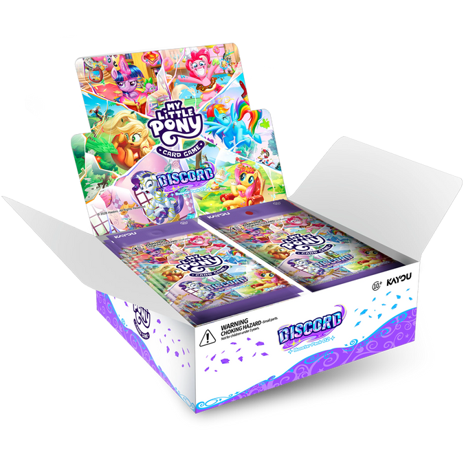 My Little Pony TCG: Discord!!! Booster Display - Open white and purple My Little Pony TCG Discord booster display box with colorful illustrated booster packs inside.