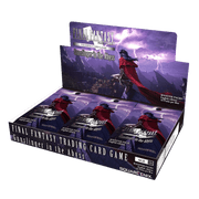Final Fantasy TCG: Gunslinger in the Abyss Booster Box Display - Open display box with purple and black Final Fantasy TCG booster packs featuring a cloaked gunslinger character.