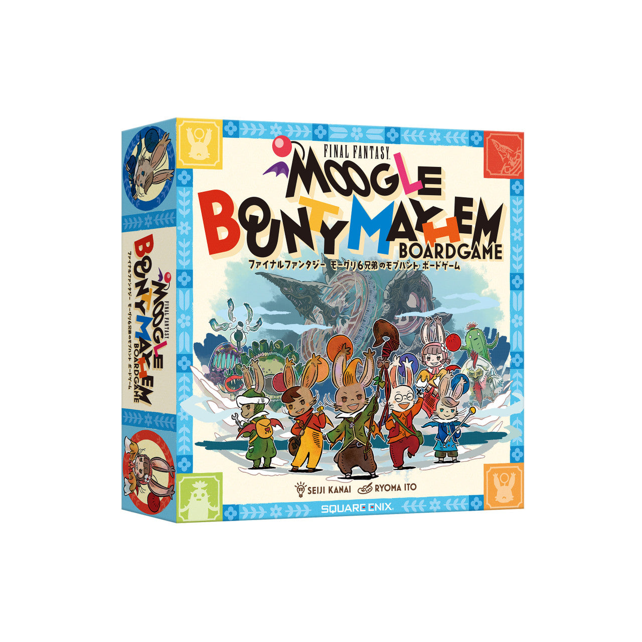 Final Fantasy Moogle Bounty Mayhem Board Game - Colorful square board game box featuring cartoon Final Fantasy characters, playful text, and bright blue, red, yellow, and.