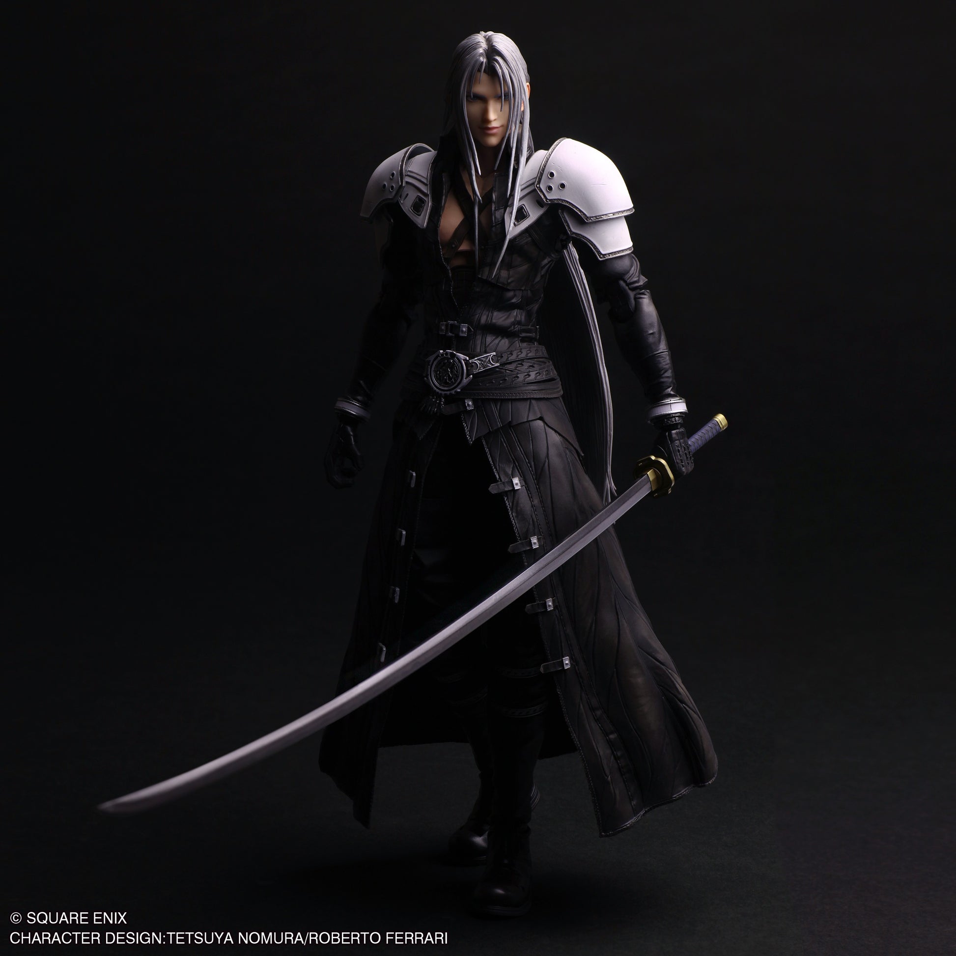 Play Arts Shin Action Figure: Final Fantasy VII Rebirth - Sephiroth (PREORDER) - Sephiroth action figure in black leather outfit with silver shoulder armor and long sword.