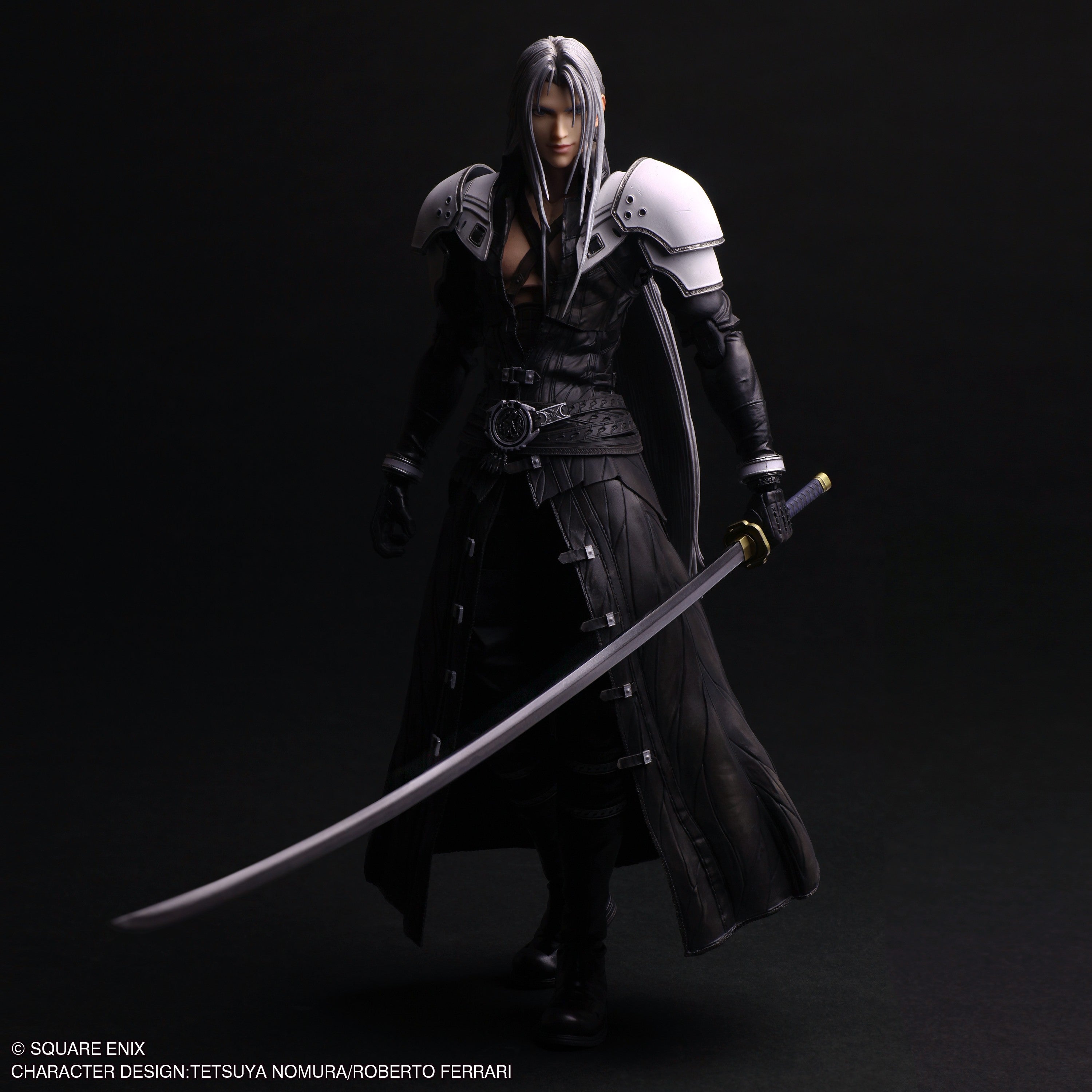 Play Arts Shin Action Figure: Final Fantasy VII Rebirth - Sephiroth (PREORDER) - Sephiroth action figure in black leather outfit with silver shoulder armor and long sword.