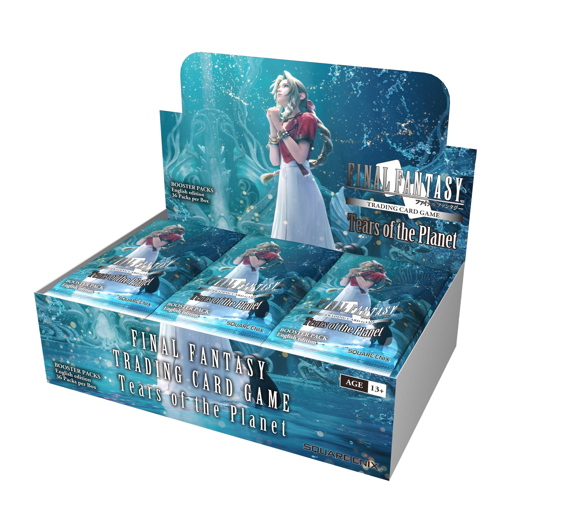 Final Fantasy TCG: Tears of the Planet Box Display - Blue-toned box display featuring a female character holding a child, branded with Final Fantasy TCG Tears of the Planet logo.