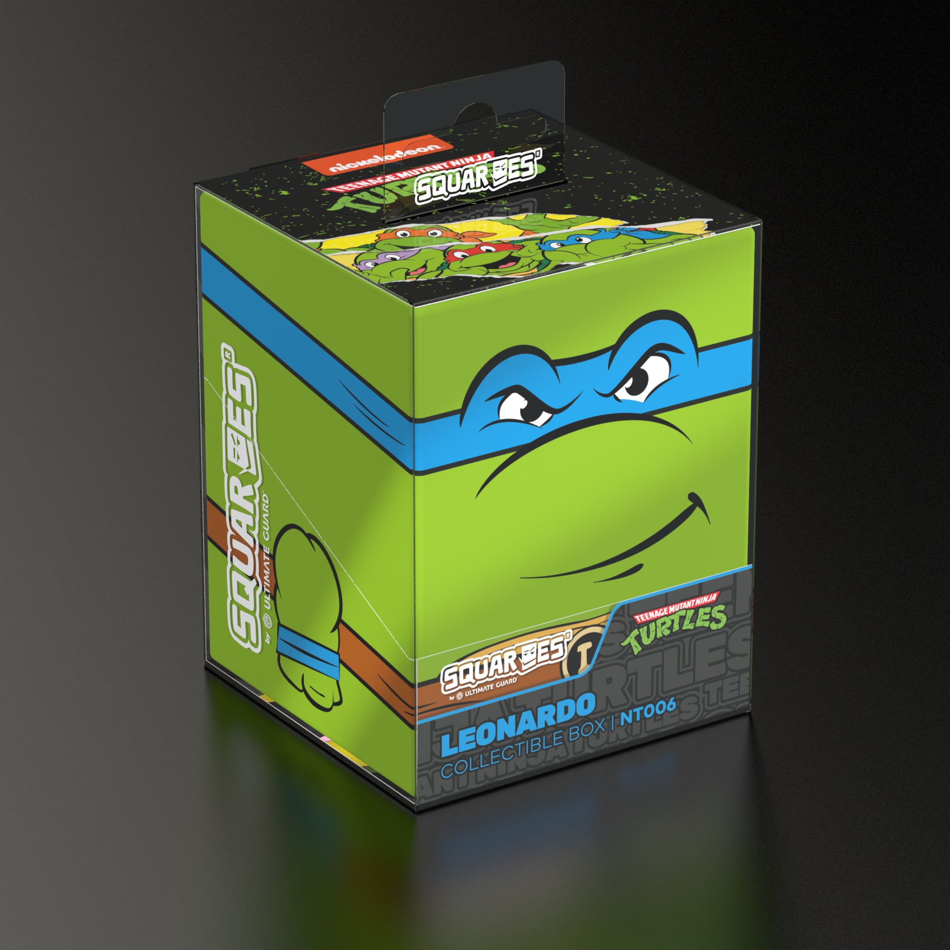Squaroes: 100+ Deckbox -Teenage Mutant Ninja Turtles - Leonardo - Green rectangular deck box featuring Leonardo from Teenage Mutant Ninja Turtles with blue mask and bold facial expression.
