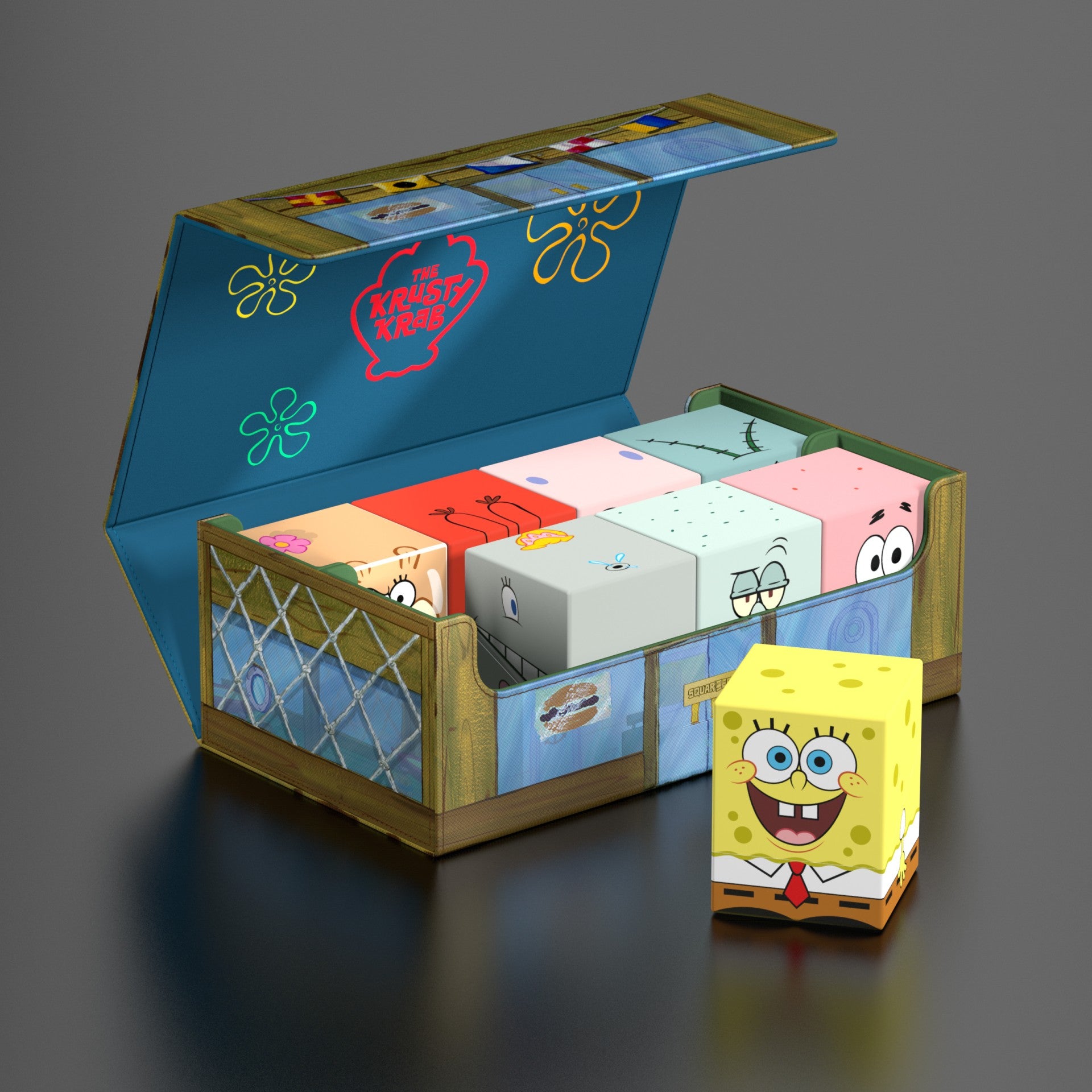Squaroes: Collectors Case - Spongebob - Colorful rectangular card collector's case designed like a wooden crate with cartoon sea-themed illustrations, including.