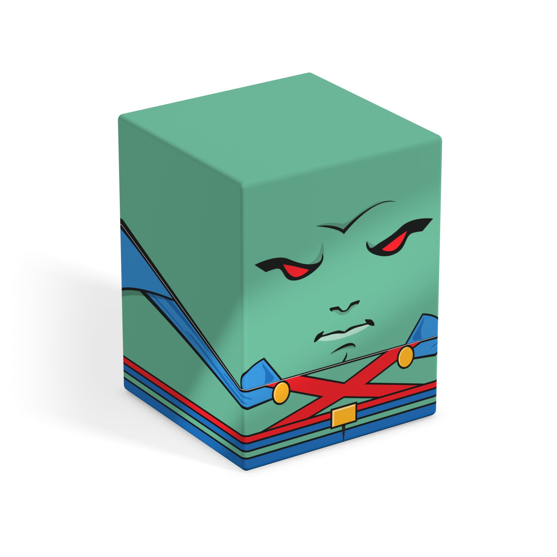 Squaroes 100+ Boulder: DC - Martian Manhunter - Green rectangular deck box featuring stern Martian Manhunter face with red eyes and blue, red, and yellow superhero costume.