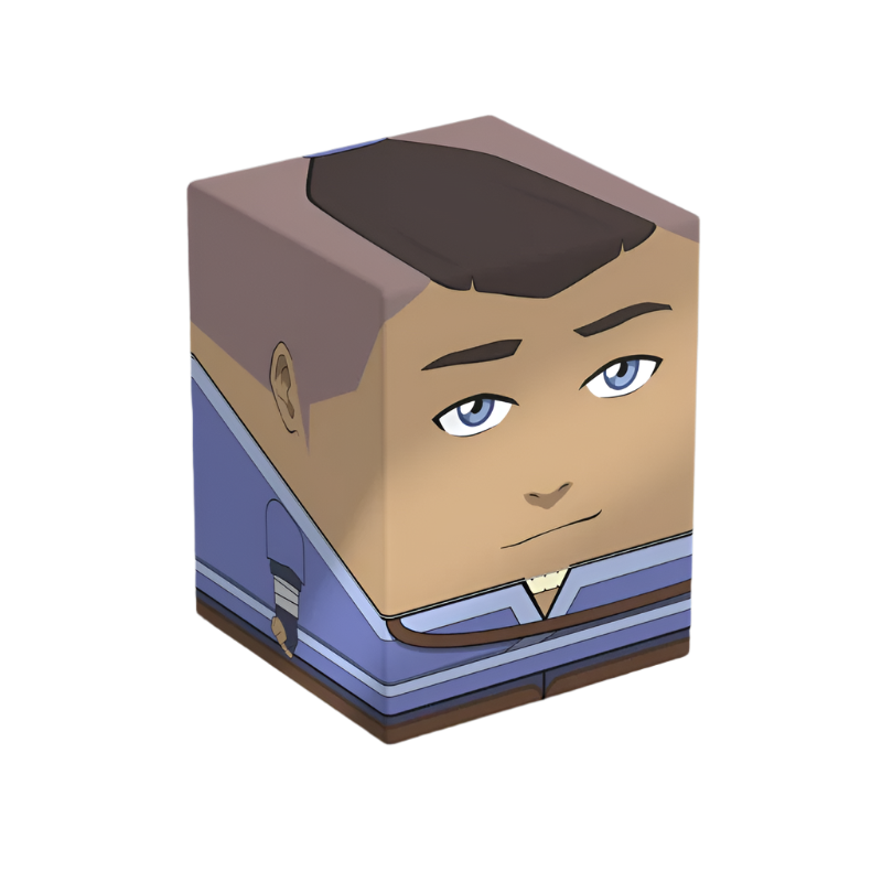 Squaroes 100+ Boulder: Avatar The Last Airbender - Sokka - Cube-shaped deck box featuring a stylized cartoon face of Sokka with blue eyes, black hair, and blue Water Tribe clothing.