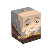 Squaroes 100+ Boulder: Avatar The Last Airbender - Iroh - Cube-shaped deck box featuring a stylized smiling elderly man with gray hair and beard, warm brown and beige tones, soft.