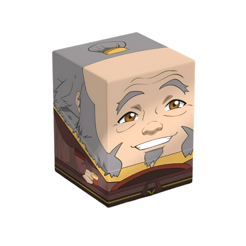 Squaroes 100+ Boulder: Avatar The Last Airbender - Iroh - Cube-shaped deck box featuring a stylized smiling elderly man with gray hair and beard, warm brown and beige tones, soft.