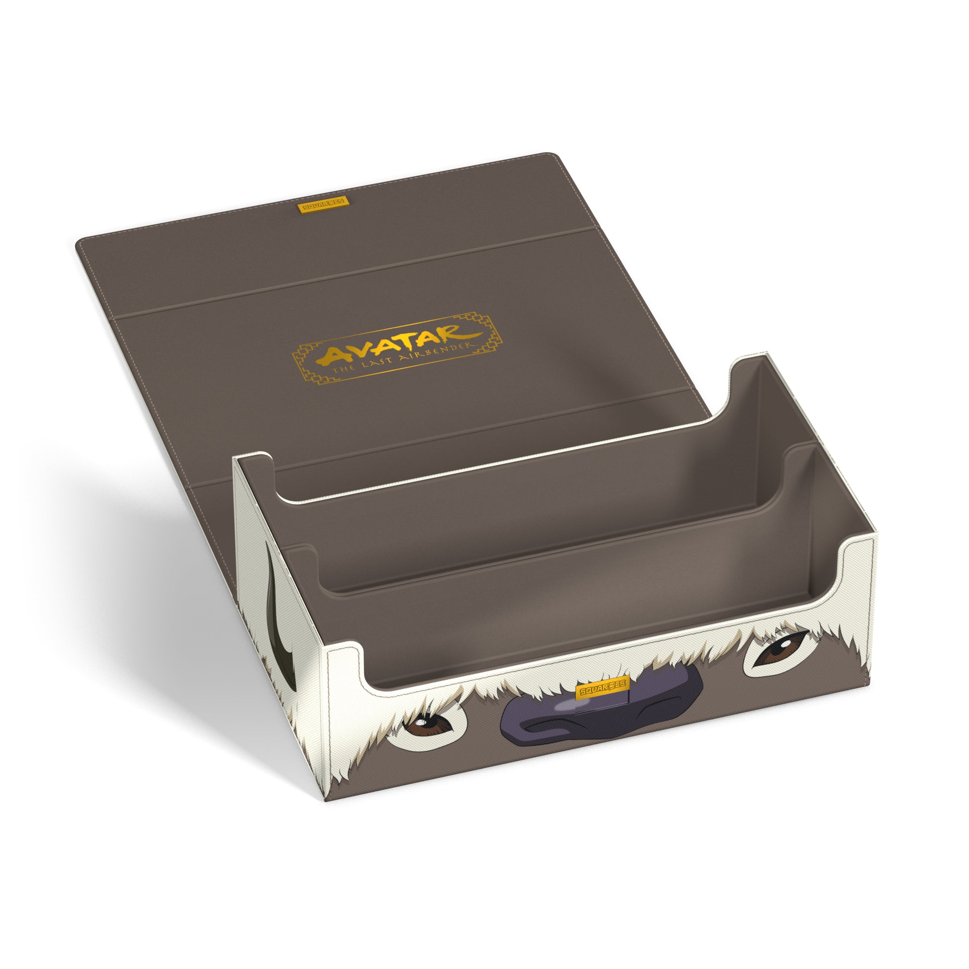 Squaroes Collectors Case: Avatar The Last Airbender - Appa - Brown rectangular storage case with Appa face design from Avatar, open lid with logo on inside.