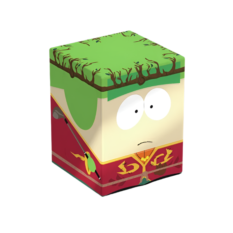 Squaroes: 100+ Deckbox - South Park - High Elf King Kyle - Square deck box with cartoon character design, green grass and tree branch pattern on top, red and gold medieval-style.