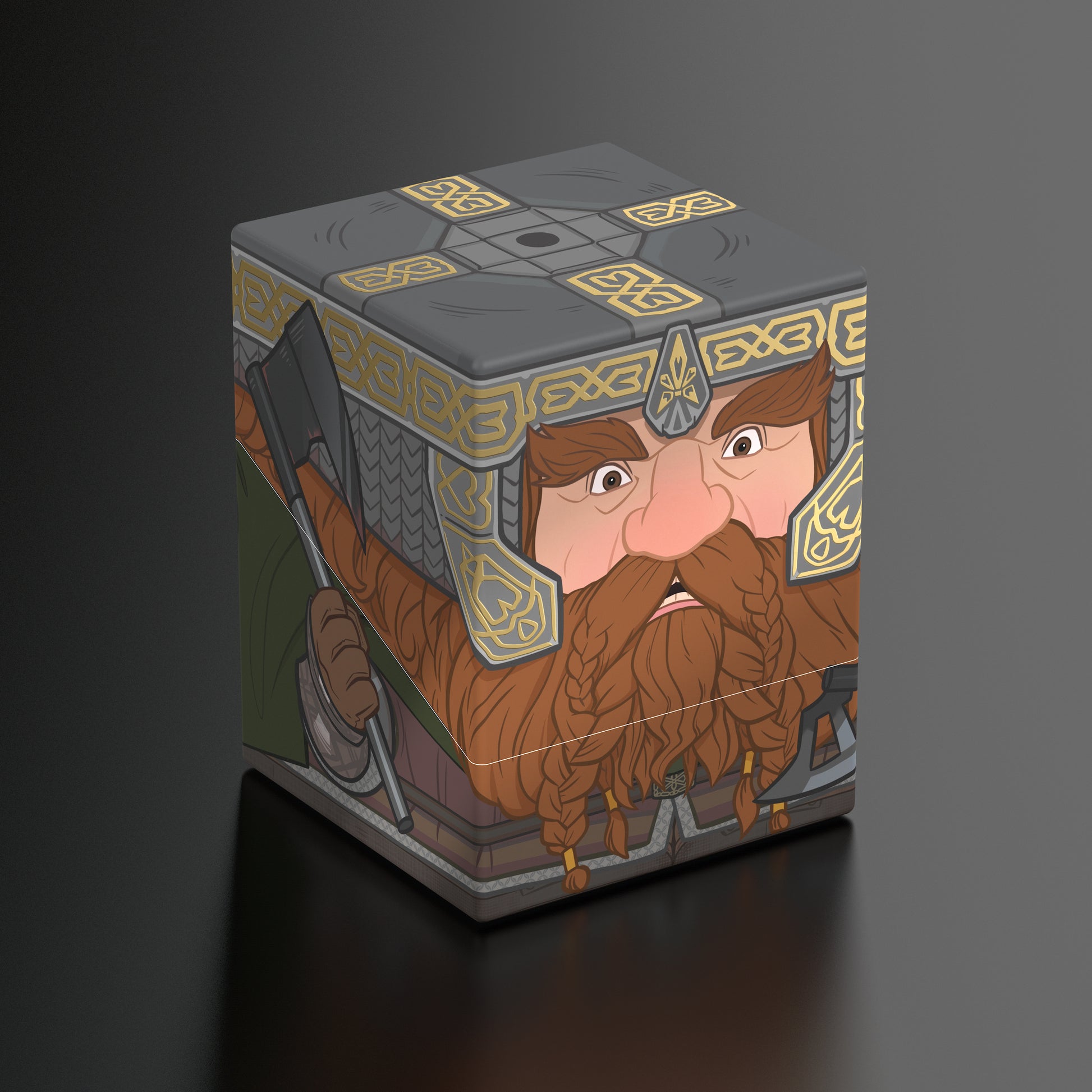 Squaroes Boulder 100+: The Lord of the Rings - Gimli - Square deck box featuring detailed cartoon-style illustration of Gimli from The Lord of the Rings with a gray and gold.