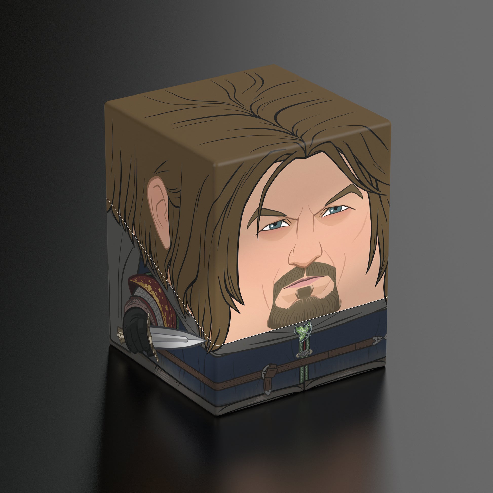 Squaroes Boulder 100+: The Lord of the Rings - Boromir - Square deck box featuring a stylized Boromir face with brown hair and beard on a cube-shaped container.