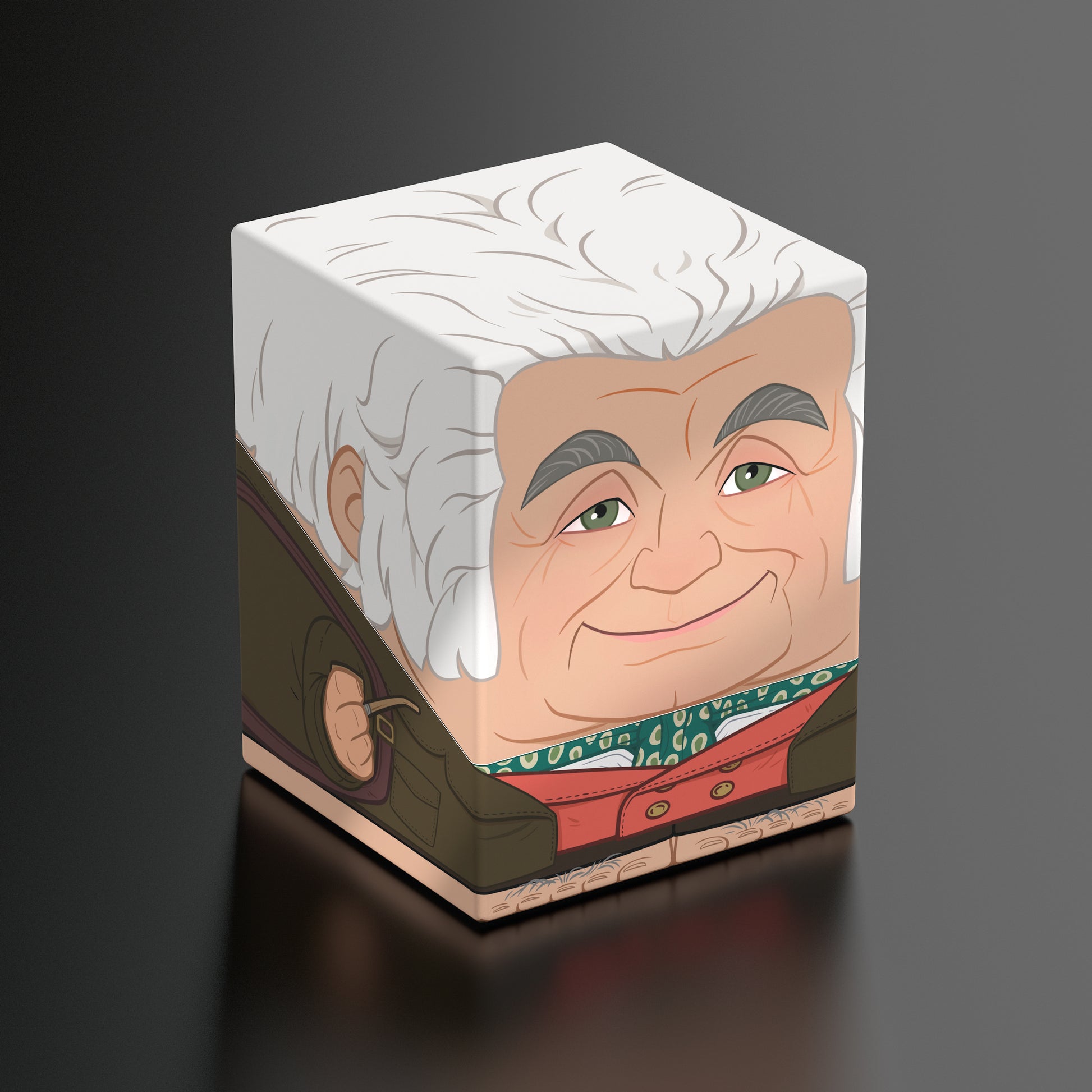 Squaroes Boulder 100+: The Lord of the Rings - Bilbo Baggins - Cuboid deck box featuring a stylized Bilbo Baggins face with white hair and distinctive facial features, colorful detailed.