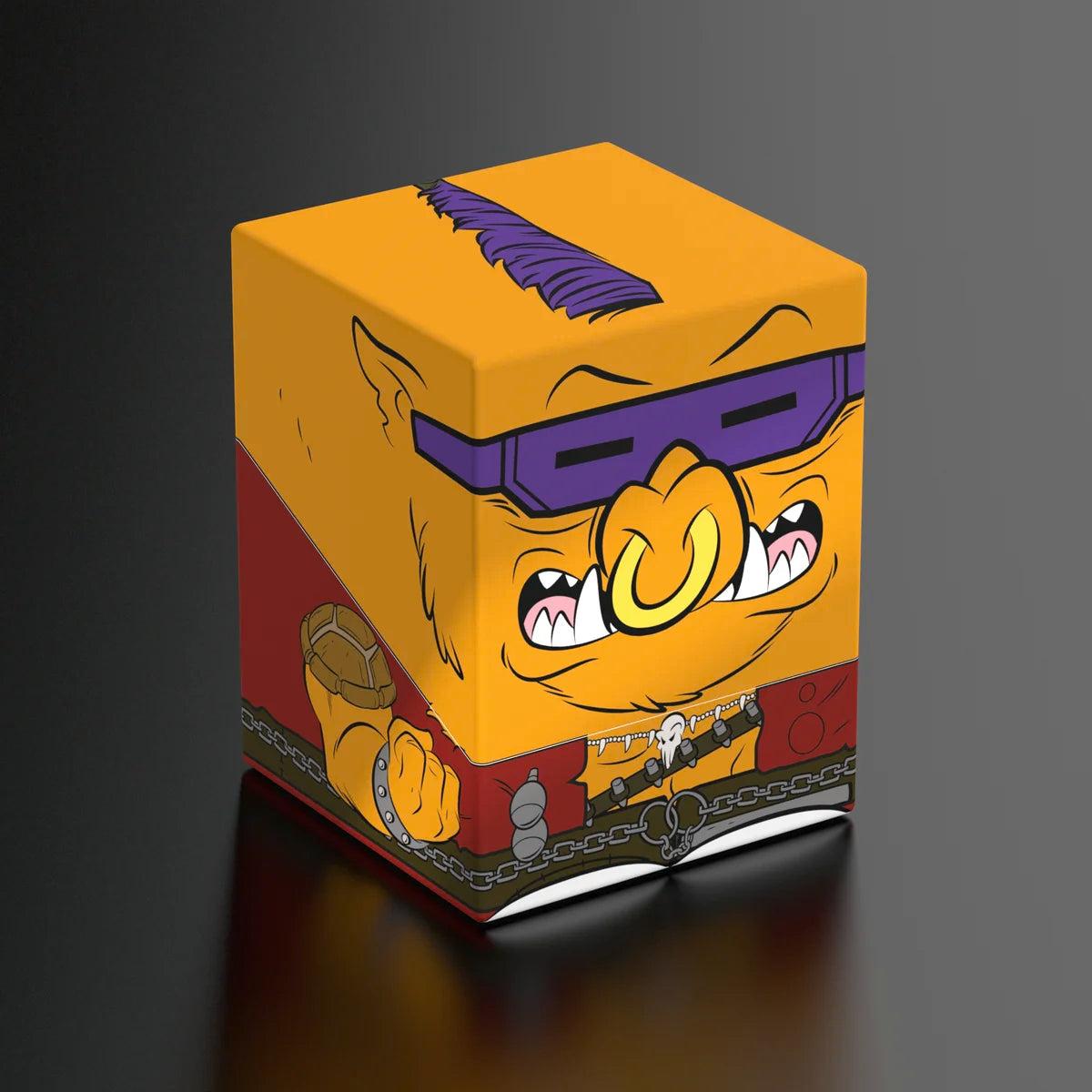 Squaroes: 100+ Deckbox - Teenage Mutant Ninja Turtles Wave II - Bebop - Yellow and orange rectangular deck box featuring cartoon Bebop character with purple sunglasses and a gray chain design at.