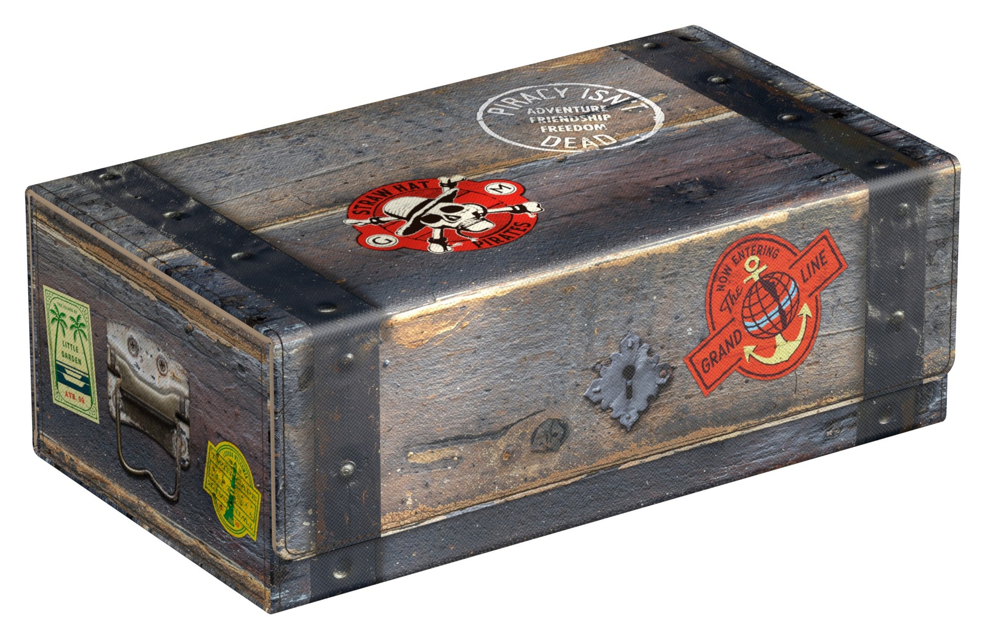 Squaroes Arkhive 800+ Collector Case: Netflix's One Piece - Wooden Chest - Rectangular wooden deck box with dark weathered finish, metal corner reinforcements, and One Piece-themed stickers and logos