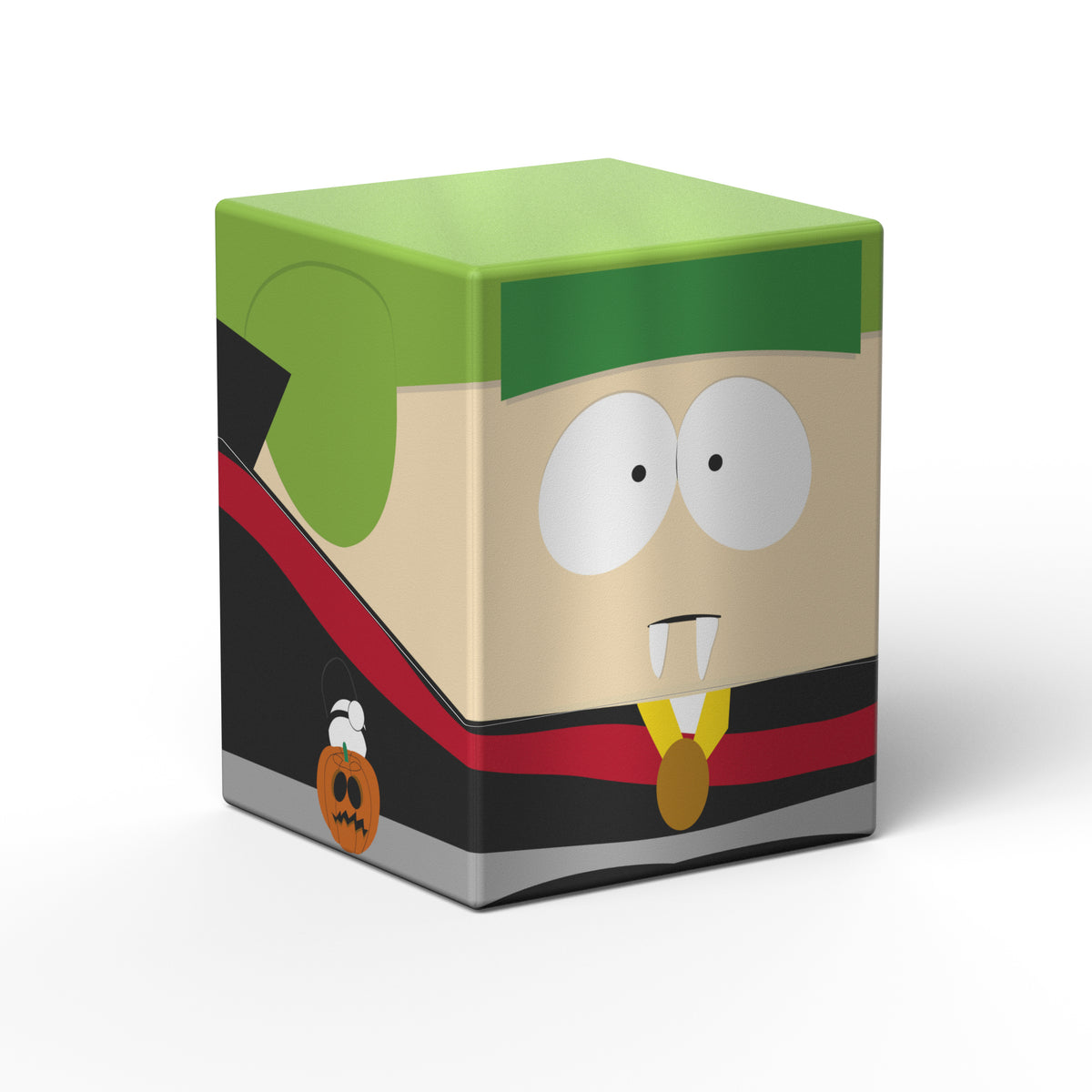 Squaroes 100+ Boulder - South Park: Halloween - Vampire Kyle (PREORDER) - Square deck box with green top, cartoon vampire face with fangs, red and black cape, and pumpkin design on the side.