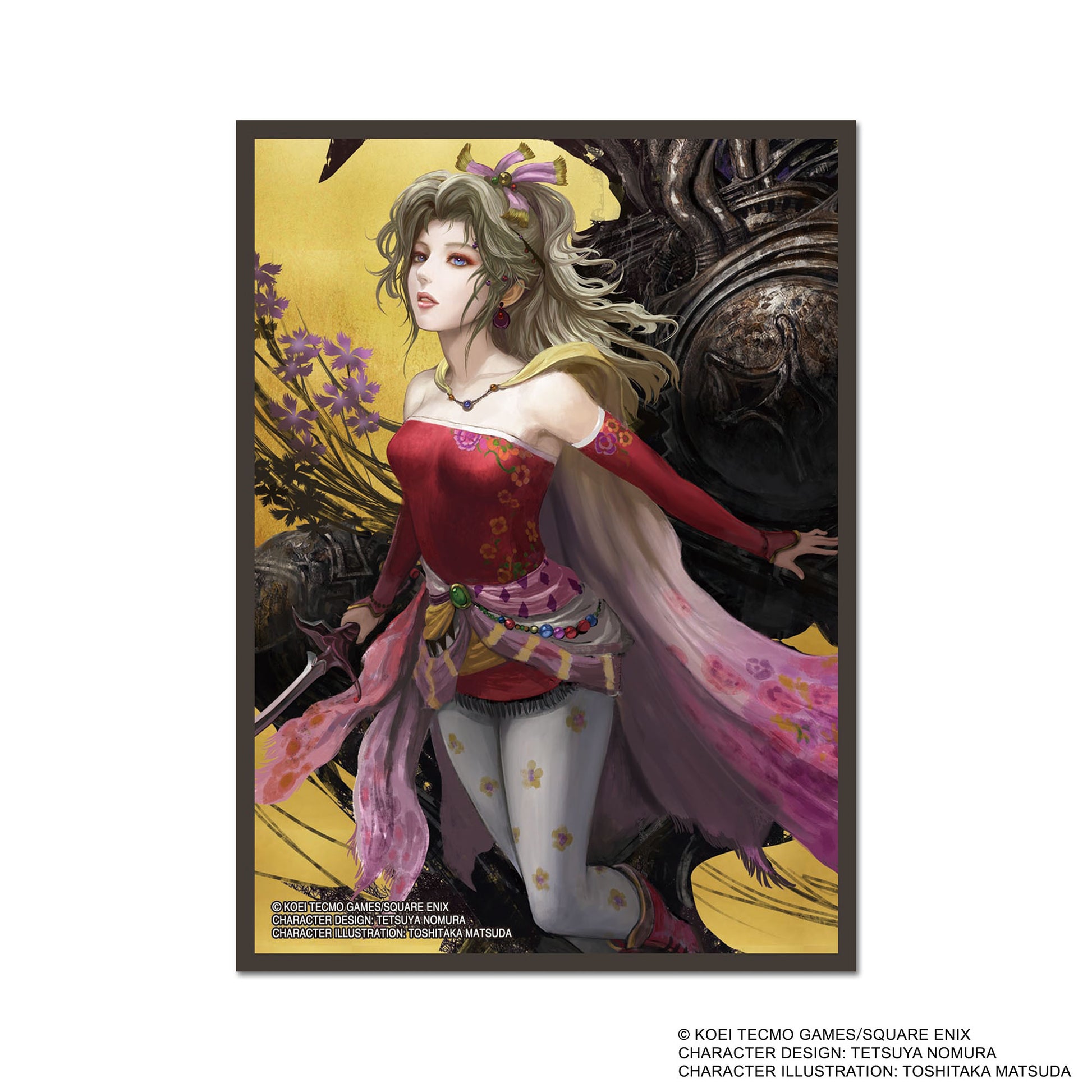 Final Fantasy TCG: Terra Sleeves 100CT - Card sleeve featuring fantasy art of a woman with green hair in a red dress and pink floral scarf against a golden.