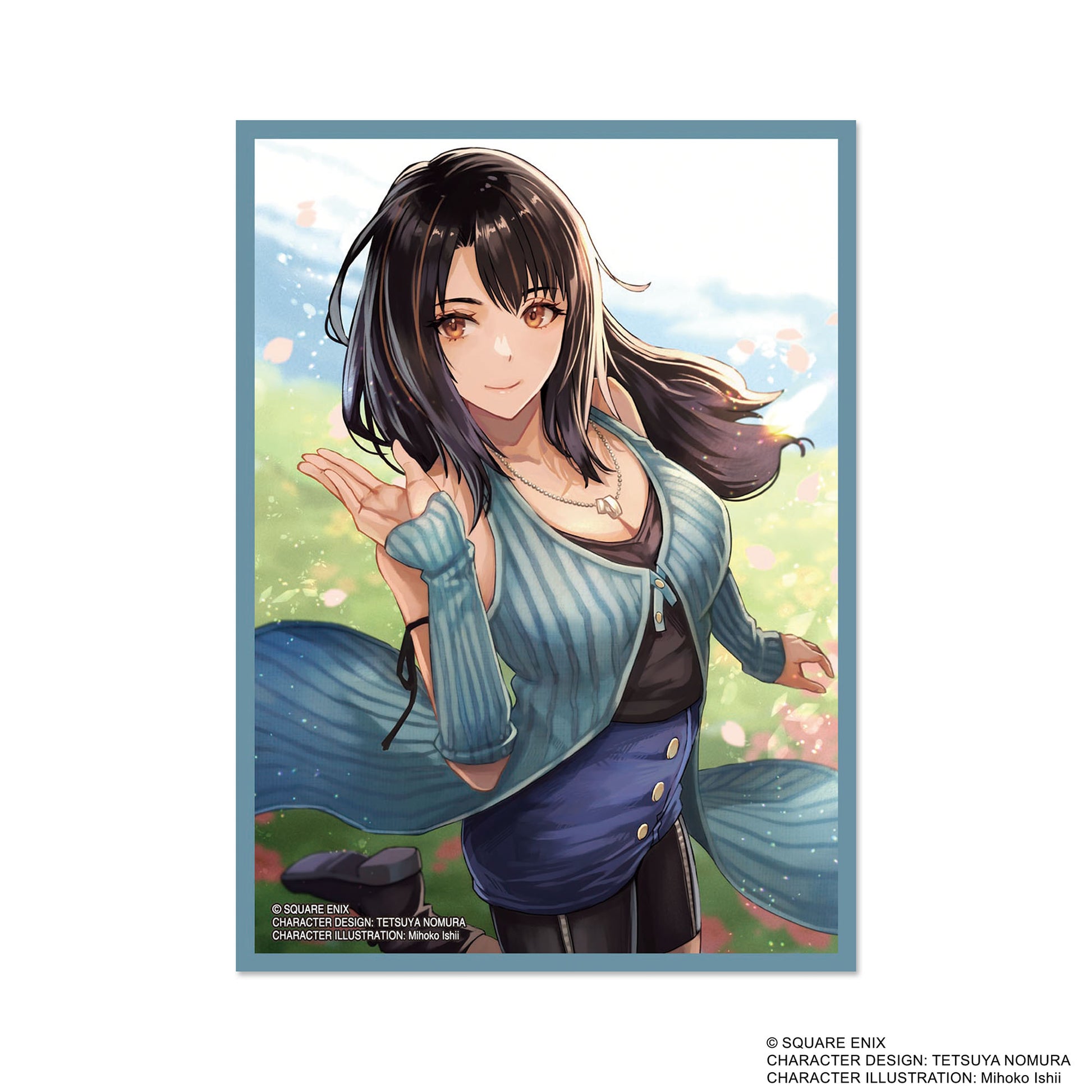Final Fantasy TCG: Rinoa Sleeves 100CT - Card sleeves featuring an anime-style woman with long black hair wearing a teal cardigan and black outfit, scenic floral.