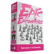 Epic Encounters: Sanctuary of The Steelborn - Boxed set of unpainted gray resin fantasy miniatures arranged on a white background with bold pink and white "Epic.