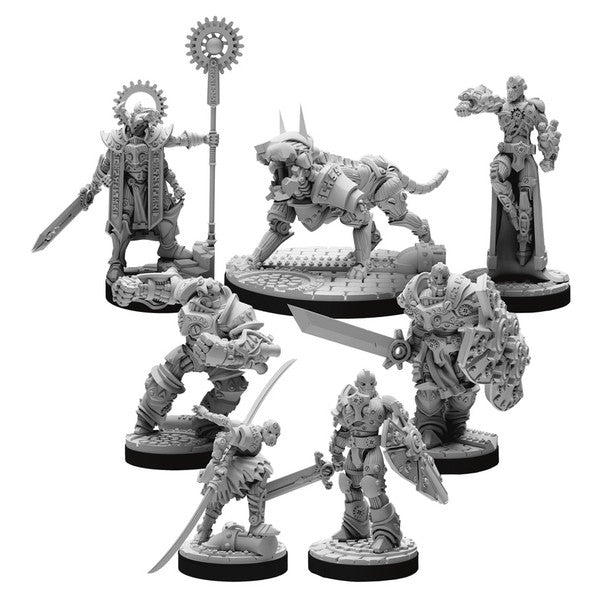 Epic Encounters: Sanctuary of The Steelborn - Seven unpainted gray resin miniatures with detailed armor and weapons, featuring humanoid warriors and a large armored.